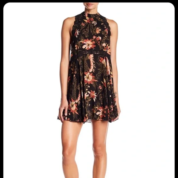 Free People | Dresses | Free People She Moves Chemise Black Floral  Sleeveless Lace Trim Dress | Poshmark